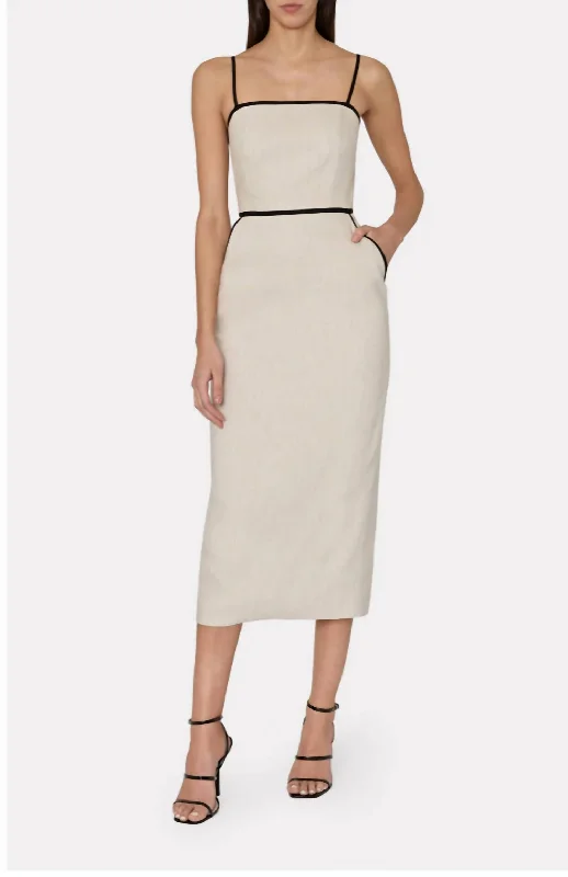 Midi dress with ruched sides-Amara Linen Contrast Midi Dress In Natural