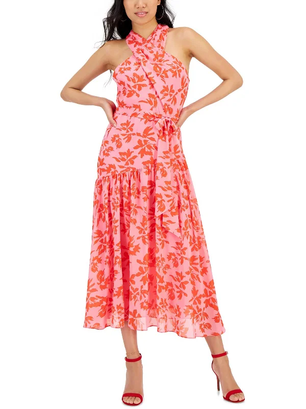 Midi dress with funky flair-Womens Chiffon Floral Print Midi Dress