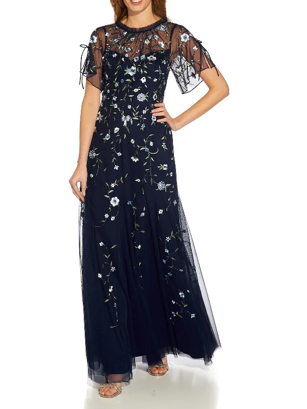 Maxi dress with tiered layers-Womens Embroidered Maxi Evening Dress