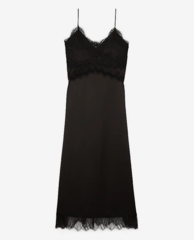 Maxi dress with trumpet sleeves-Long Silk Slip Dress With Lace Details | Women | Black