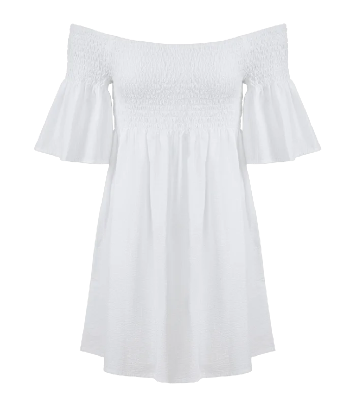 Mini dress with tulle overlay-Arianna Smocked Bell Sleeve Mini Dress