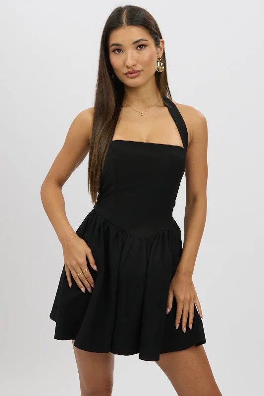 Mini dress with high neckline-Black Halter Neck Mini Dress