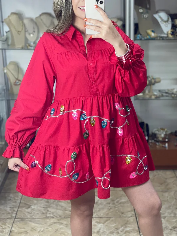 Mini dress with glam touch-Red Christmas Lights Mini Dress