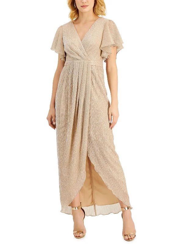 Maxi dress with satin fabric-Womens Metallic Maxi Evening Dress