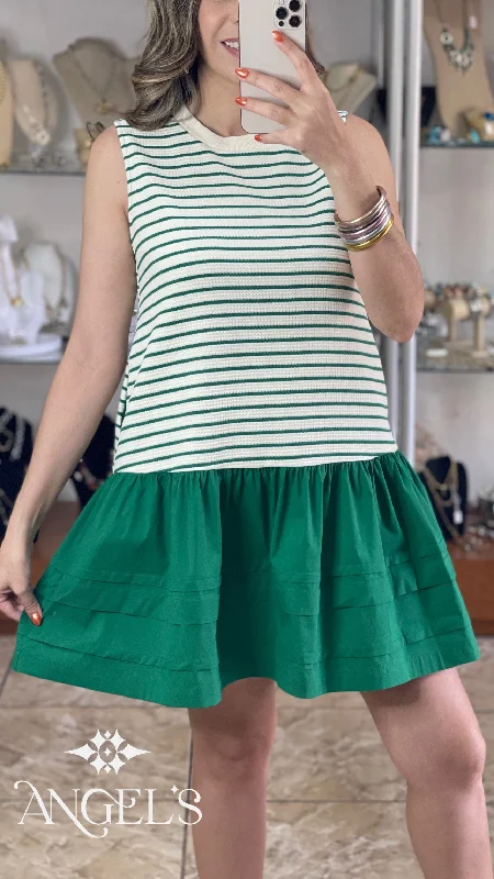 Mini dress with puffball skirt-Green Stripes Mini Dress