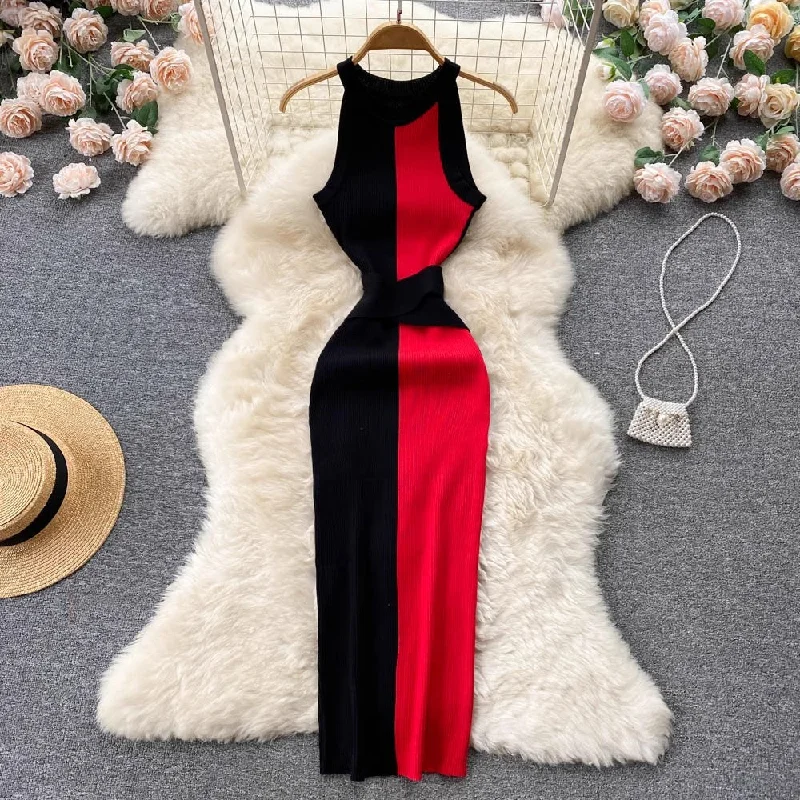 Maxi dress with cap sleeves-Long Round Neck Sleeveless Dress Tight Knitted Skirt     S4599