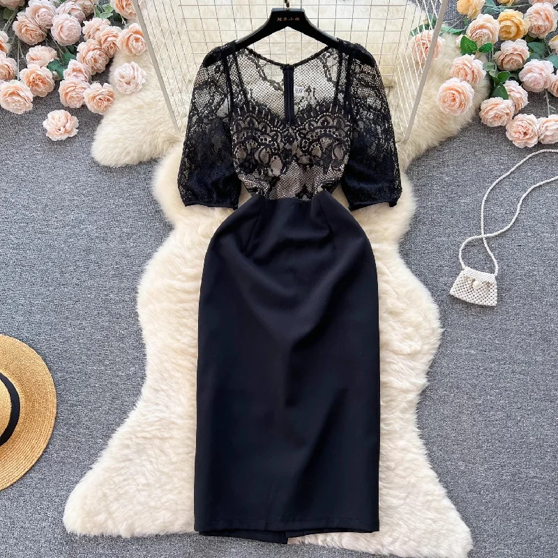 Maxi dress with oversized fit-see-through lace black dress women's long skirt    S4657