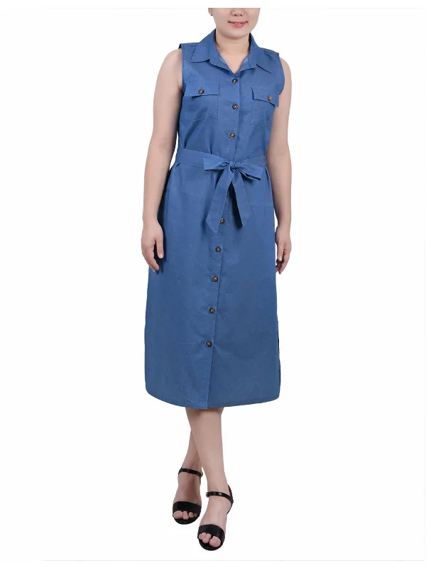 Midi dress with tulip hem-Petites Womens Button Cotton Midi Dress