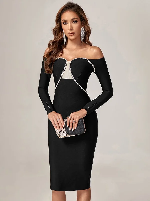 Black cocktail dress-Crystal Mesh Off Shoulder Dress