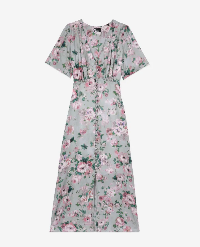 Maxi dress with retro vibe-Light Long Floral Print Dress With Buttons | Women | Green Multicolor