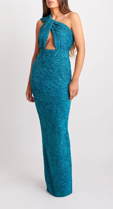 Maxi dress with bold colors-NAOMI one shoulder jersey maxi dress teal