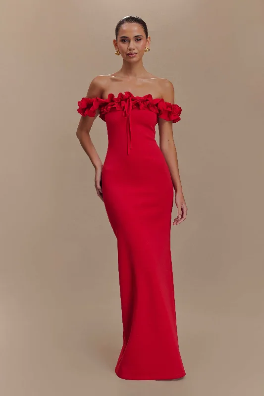 Maxi dress with boho style-Nova Ruffle Off Shoulder Maxi Dress - Ruby Red