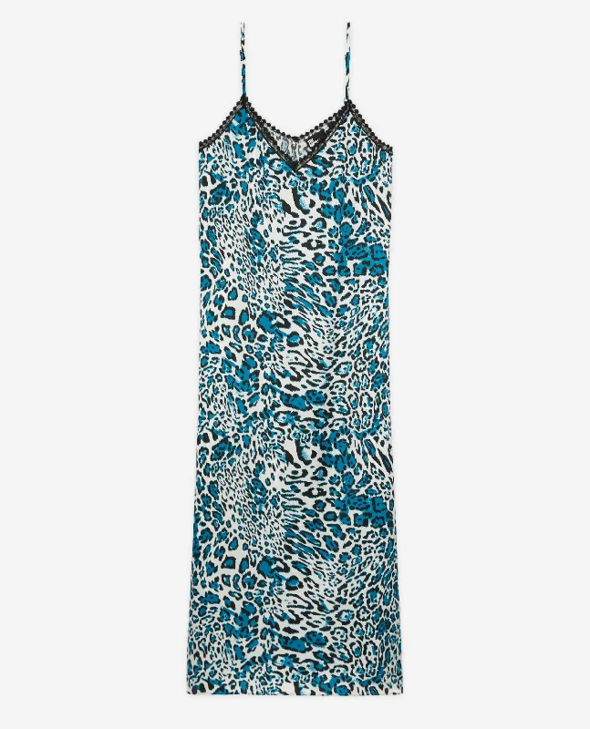 Maxi dress with pleated skirt-Long Printed Silk Slip Dress With Lace Details | Women | Blue White