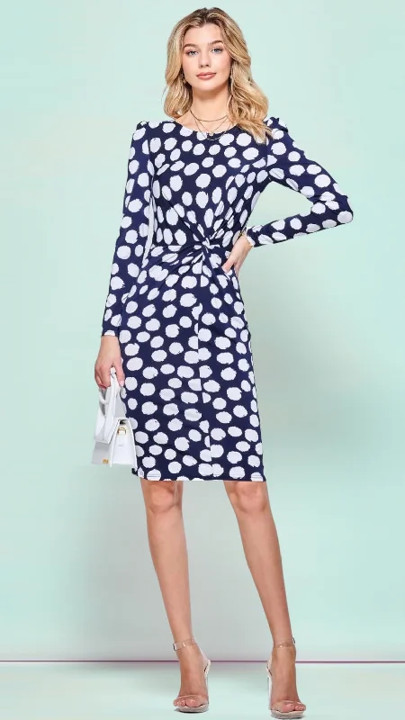 Cocktail dress with statement sleeves-4-A1646 Spotty twist front Dress (Navy)