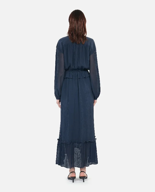 Maxi dress with lace details-Long Silk Dress | Women | Navy Blue