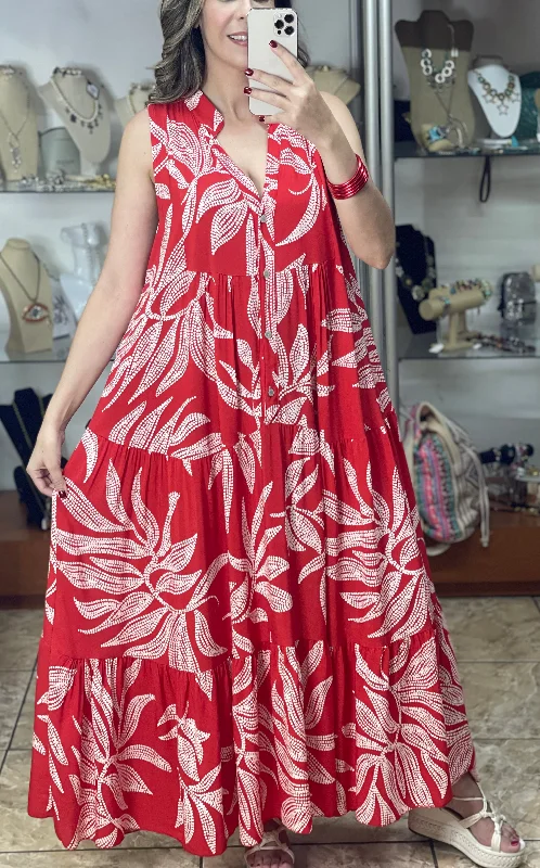 Maxi dress with V-neckline-Red Sleeveless OS Maxi Dress