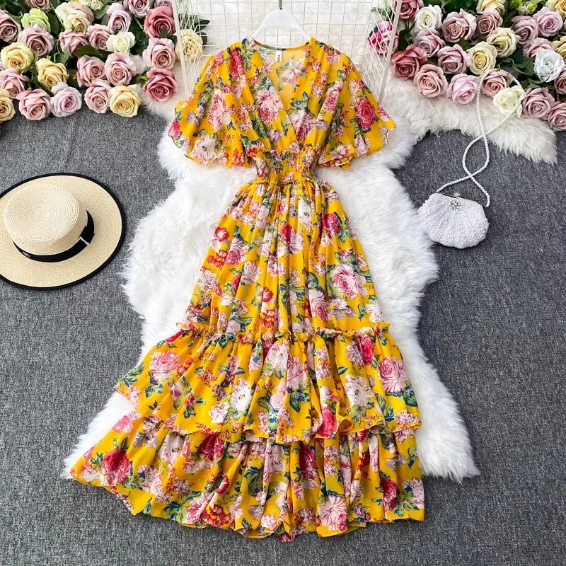 Casual maxi dress for work-V-neck floral dress bohemian long skirt       S4179