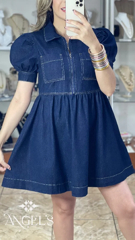 Mini dress with beaded details-Denim Puff Sleeve Mini Dress