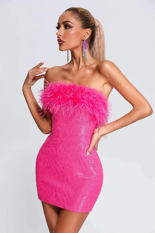 Mini dress with tulip hem-Kate Hot Pink Sequin Strapless Mini Dress