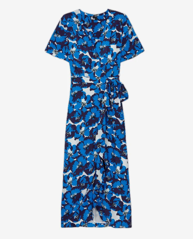 Maxi dress with adjustable straps-Long Printed Wrap Silk Dress | Women | Blue