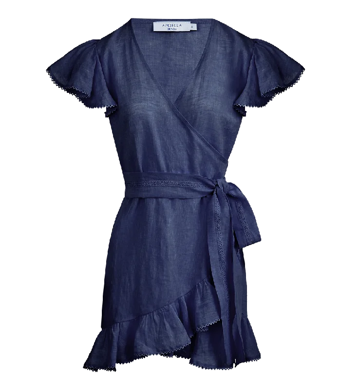 Mini dress with sheer panels-Amalia Lace Linen Mini Wrap Dress Denim