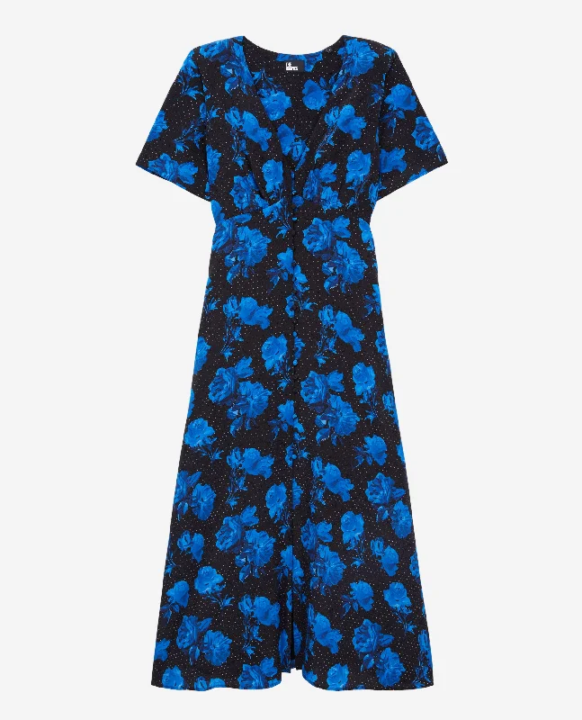 Maxi dress with ruched sides-Long Printed Silk Dress With Buttoning | Women | Black Blue