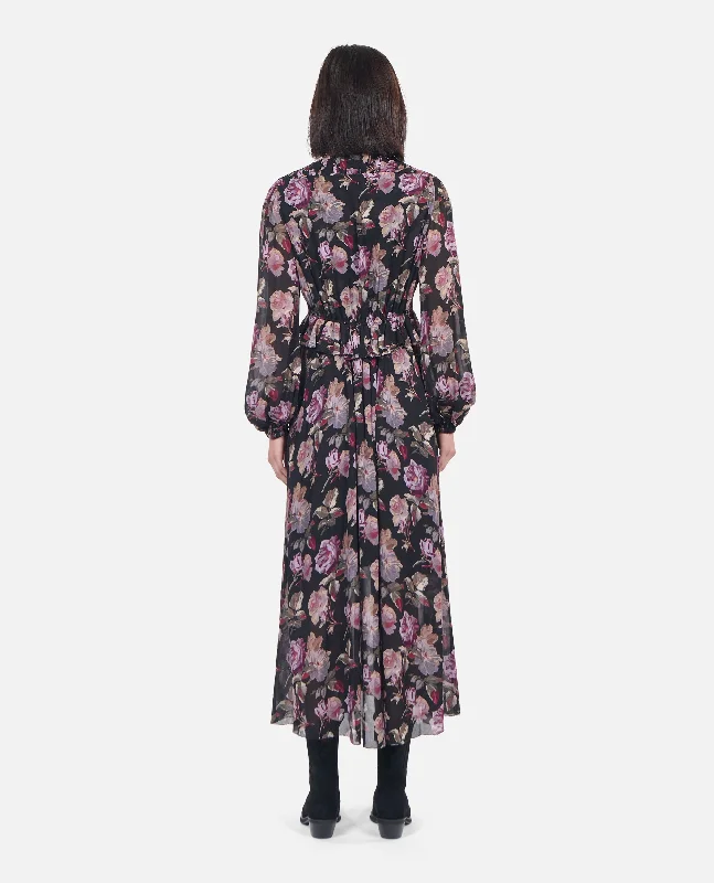 Maxi dress with iridescent finish-Long Floral Print Dress | Women | Black x Purple