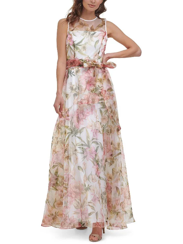 Maxi dress with draped bodice-Petites Womens Belted Maxi Evening Dress