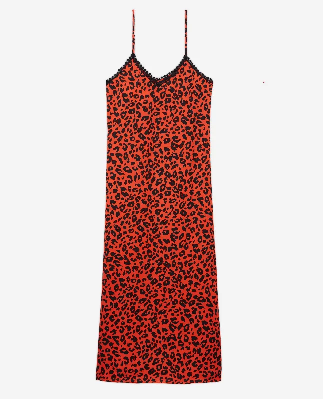 Maxi dress for beach vacation-Long Leopard Print Babydoll Dress | Women | Orange x Black