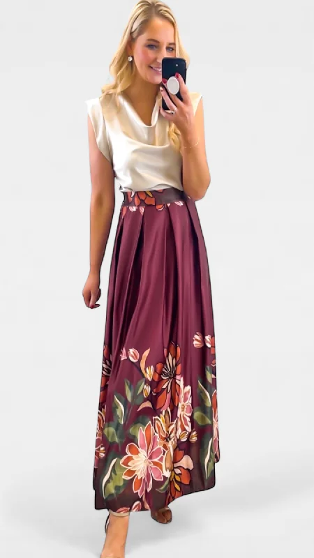 Maxi dress with cap sleeves-A2113 Burgundy Print Maxi Skirt