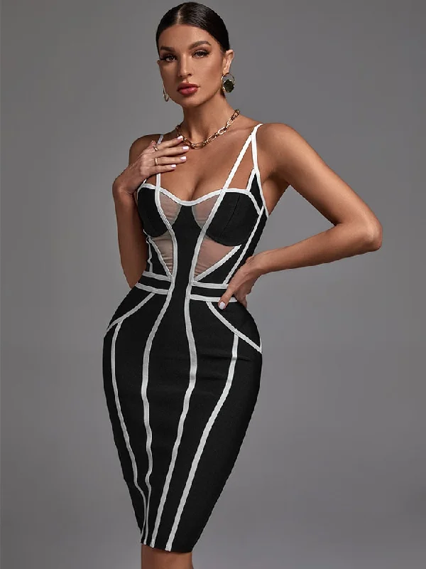 Classic cocktail dress-Sexy Mesh Insert Bandage Dress