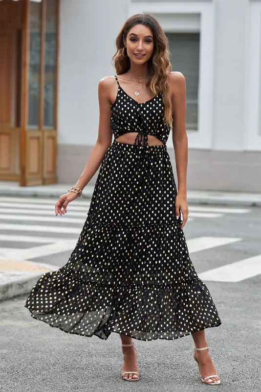 Maxi dress for wedding guests-Polka Dot Cutout Spaghetti Strap Tiered Maxi Dress