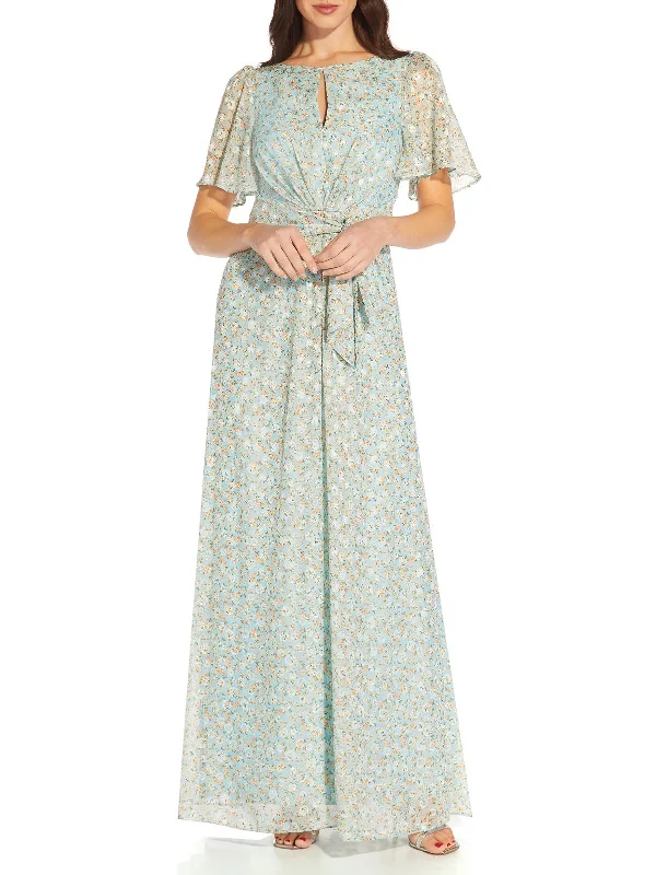 Maxi dress with layered ruffles-Womens Chiffon Floral Print Maxi Dress