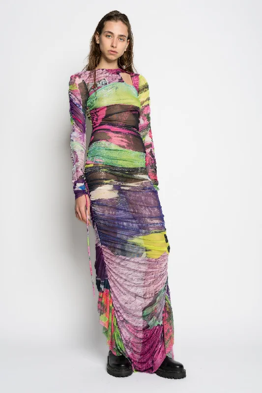 Maxi dress with layered ruffles-GRAFFITI PRINT LONG GATHERED MESH DRESS