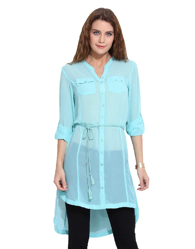 Maxi dress with bell sleeves-PORSORTE Women's Blue Long Shirt Tunic