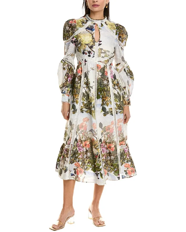 Midi dress with puffball skirt-Ted Baker Ladder Trim Insert High-Neck Linen Midi Dress