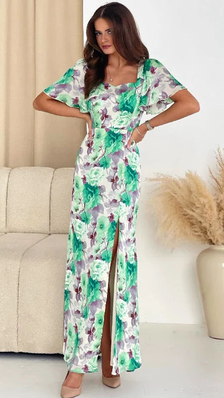 Cocktail dress with sheer sleeves-4-A1662 Green Floral Bank Midaxi Dress