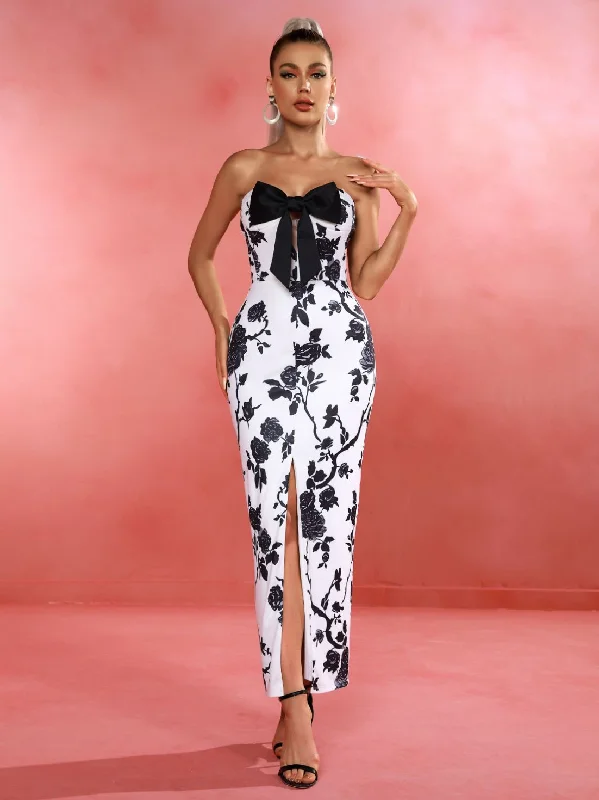 Two-piece cocktail dress-Strapless Floral Bow Front Slit Bodycon