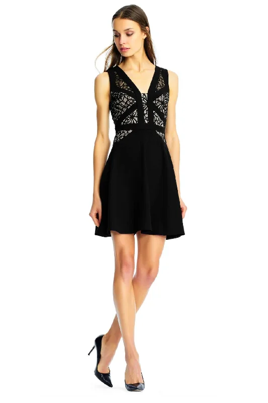 Cocktail dress with metallic thread-Sleeveless Crepe Cocktail Dress with Sheer Lace Bodice