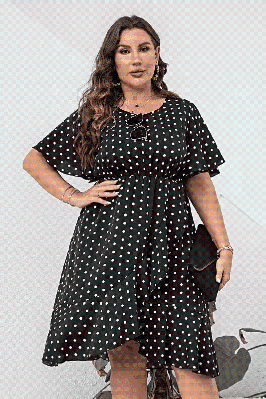 Cocktail dress with velvet-Plus Size Polka Dot Flutter Sleeve Dress