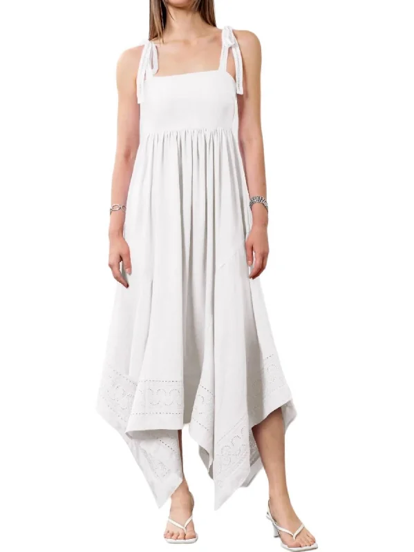 Midi dress with animal motifs-Shoulder Tie Midi Dress In White