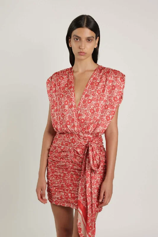 Mini dress with metallic finish-Sony Sleeveless Mini Dress W. V-neckline Red Print Floral