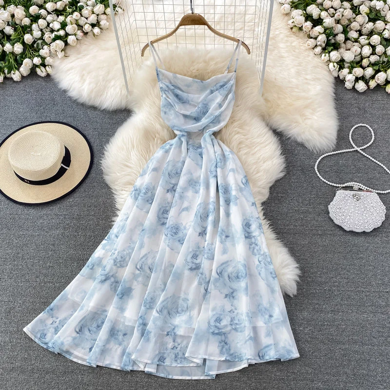 Maxi dress with eyelet fabric-floral suspender skirt long skirt chiffon dress     S4134