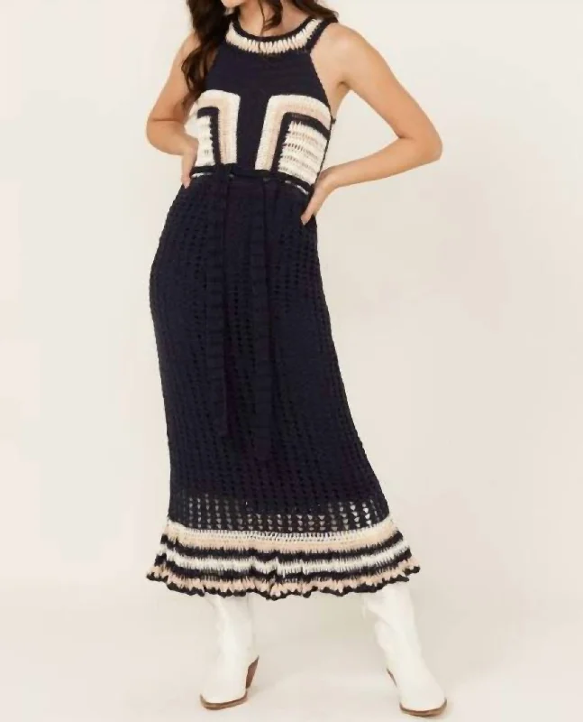 Midi dress with plunging neckline-Drew Hand Crochet Midi Dress In Navy