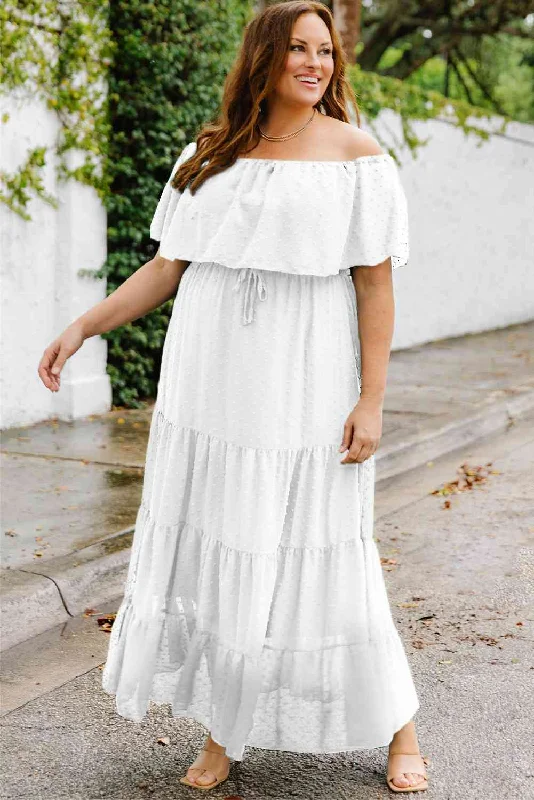 Elegant cocktail dress-Plus Size Swiss Dot Off-Shoulder Tiered Dress