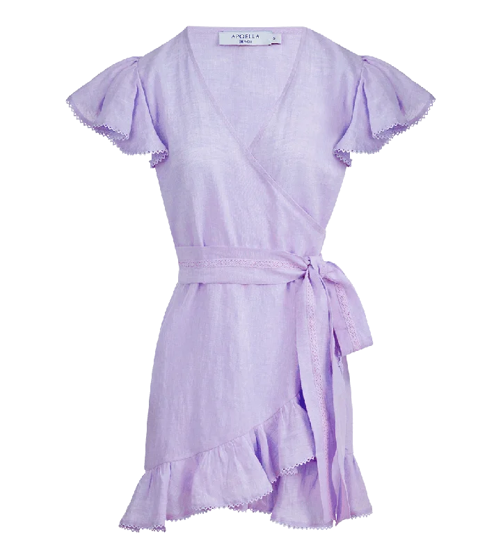 Mini dress with sporty look-Amalia Lace Linen Mini Wrap Dress Lilac