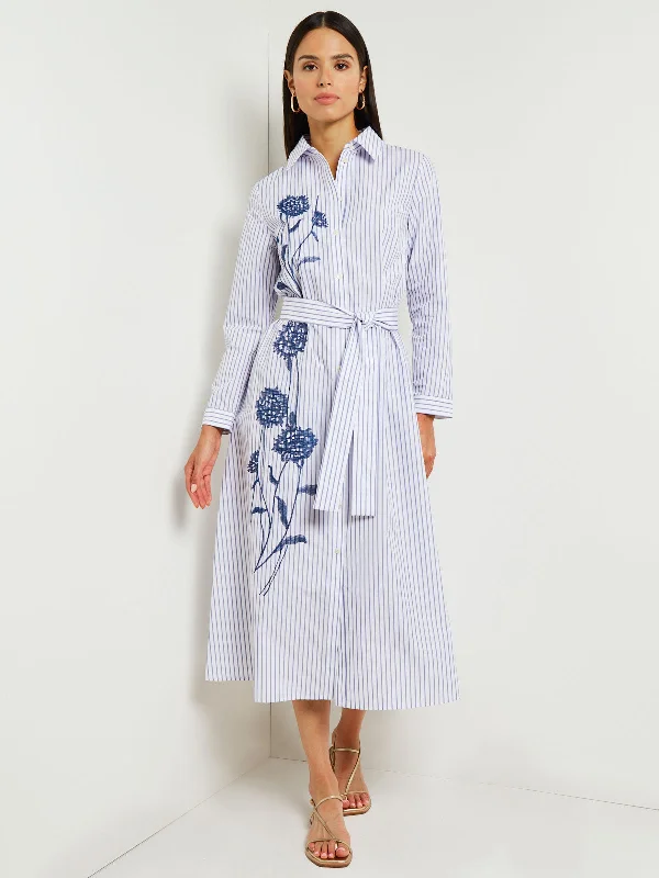 Midi dress with animal motifs-Midi A-Line Shirtdress - Embroidered Cotton Blend