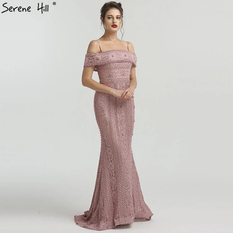 Evening dress with trumpet silhouette-On Sale no return no refundSale Newest Mermaid Elegant Evening Dress Long Sexy Sleeveless Pearls Beading Evening Gowns  Serene Hill LA6013