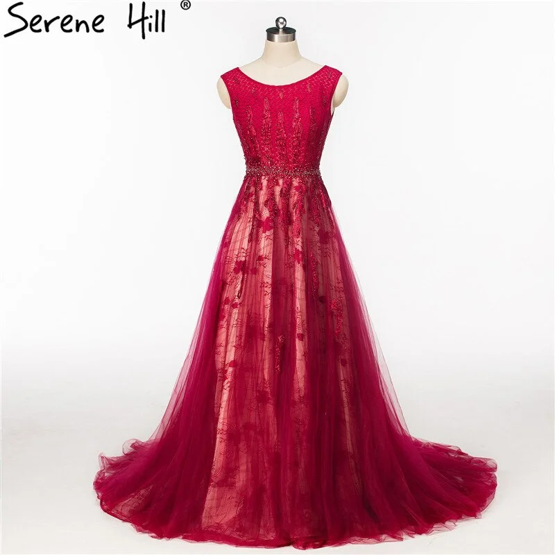 Evening dress with off-shoulder-On Sale No Return No Refund Wine Red Crystal Tulle Evening Dresses Newest Sleeveless Bride Dress Formal Evening Party Robe De Soiree HA2082