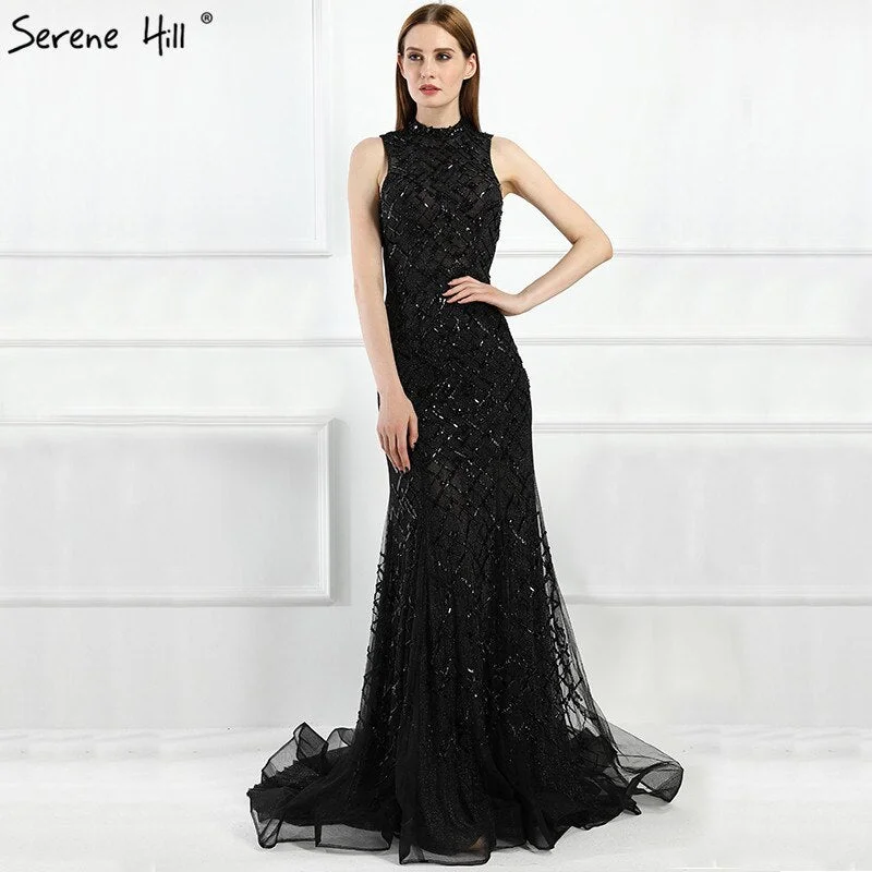 Evening dress with V-neck-On Sale no return no refundSale  Black High Neck Sexy Tulle Evening Dresses Sleeveless High-end Mermaid Fashion Formal Evening Party Real Photo LA6190